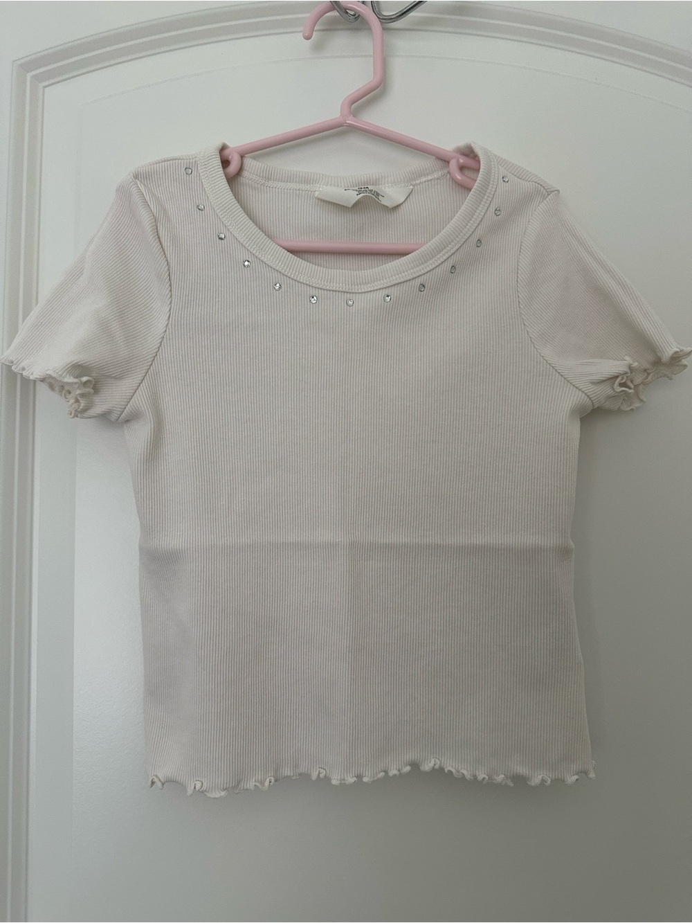 Girls' Short Sleeve Ribbed Top with Rhinestone Neckline - Cream